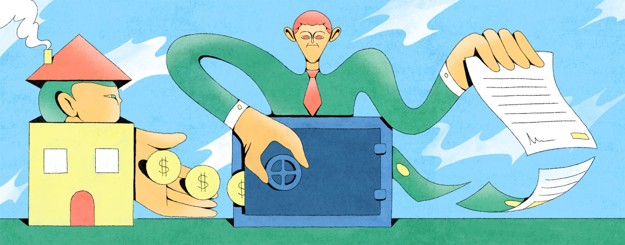 illustration of figures putting money in a safe