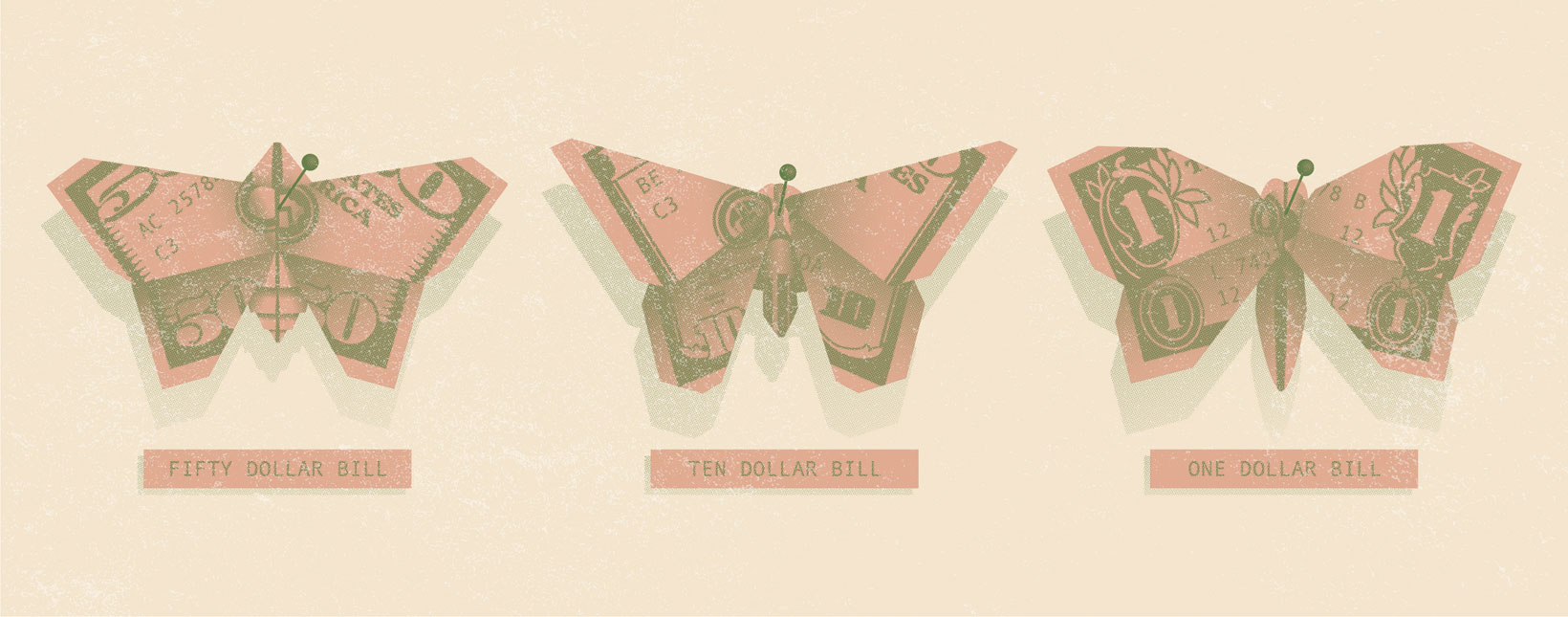 dollars folded into butterflies