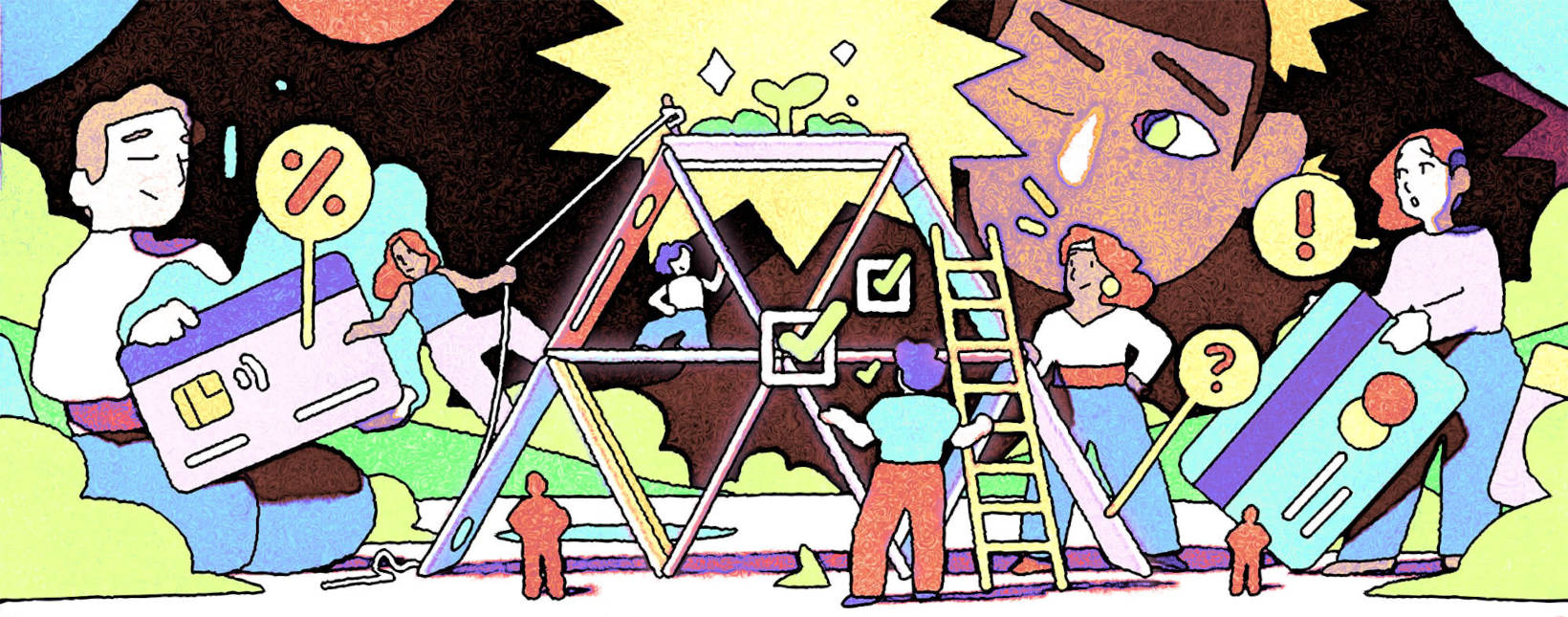 Illustration of young adults interacting with large credit cards, percentage symbols, and checkboxes, symbolizing borrowing money and financial decision-making.