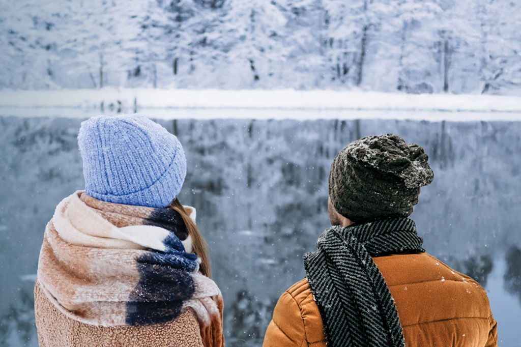 Pareja mirando una escena invernal nevada